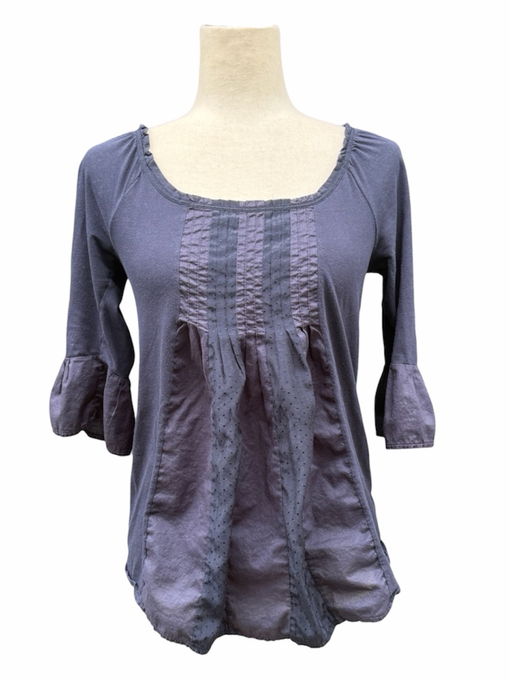LOFT Washed Navy Blue Scoop Neck Peasant Top 3/4 bell sleeves pin tucked bodice